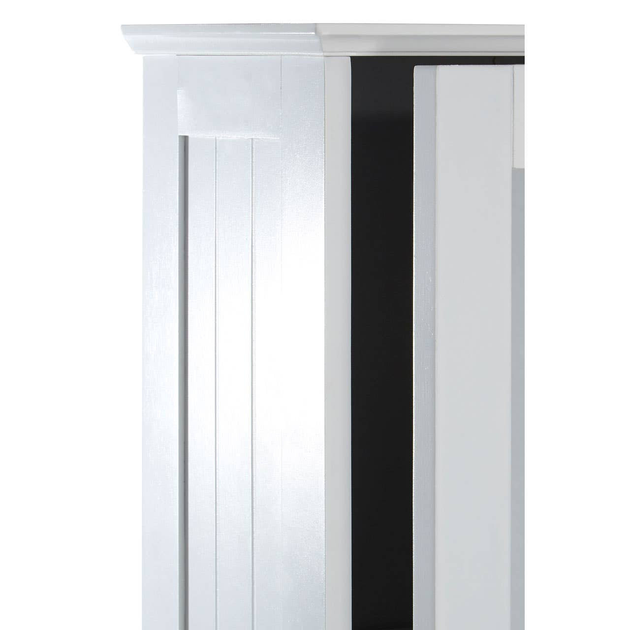 A close-up view of the Portland Mirrored Cabinet, showcasing its sleek white finish and elegant mirrored front. The cabinet features a simple design with clean lines and a slightly raised panel on the door, emphasizing its modern aesthetic. The interior is visible through the open door, revealing a dark interior space