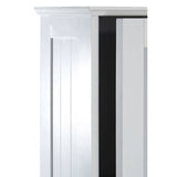 A close-up view of the Portland Mirrored Cabinet, showcasing its sleek white finish and elegant mirrored front. The cabinet features a simple design with clean lines and a slightly raised panel on the door, emphasizing its modern aesthetic. The interior is visible through the open door, revealing a dark interior space