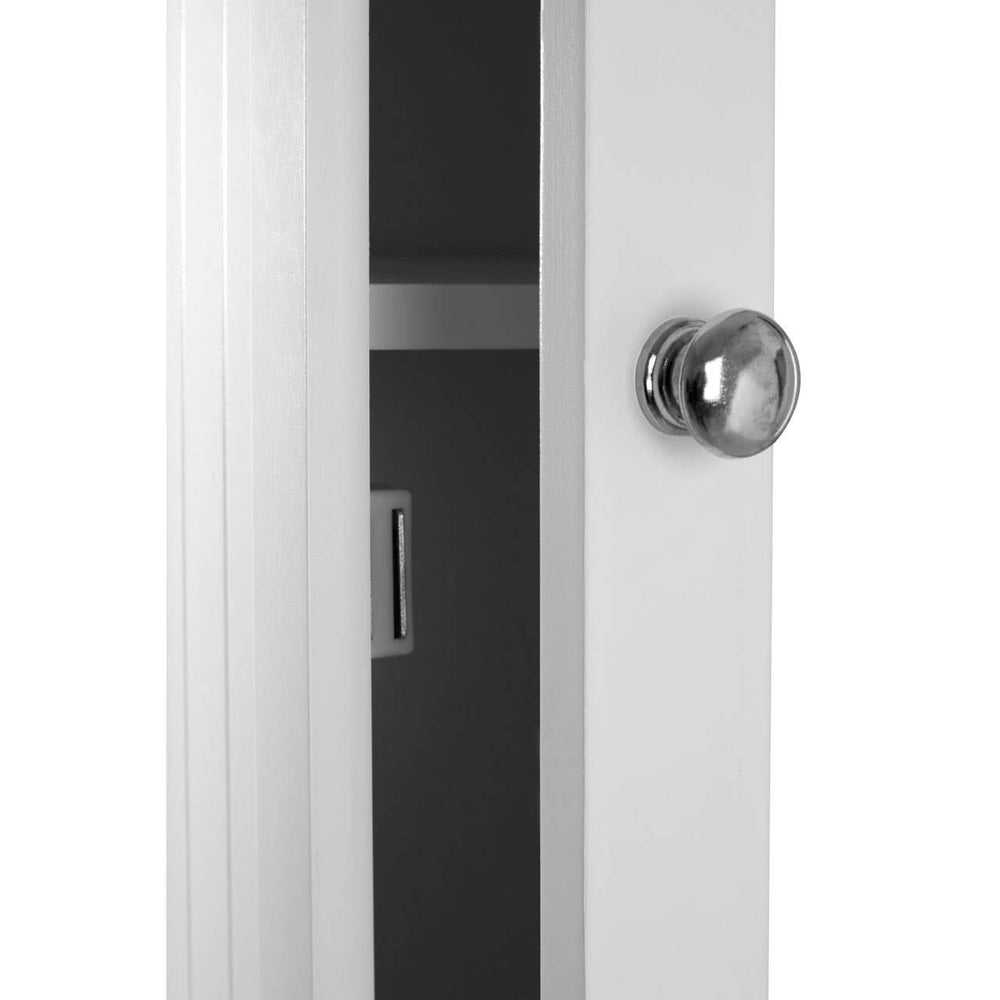 A sleek, modern cabinet featuring a mirrored front with a shiny finish, a round metallic knob, and a contrasting dark interior. The cabinet has a minimalist design with clean lines and a single door that opens to reveal storage space inside