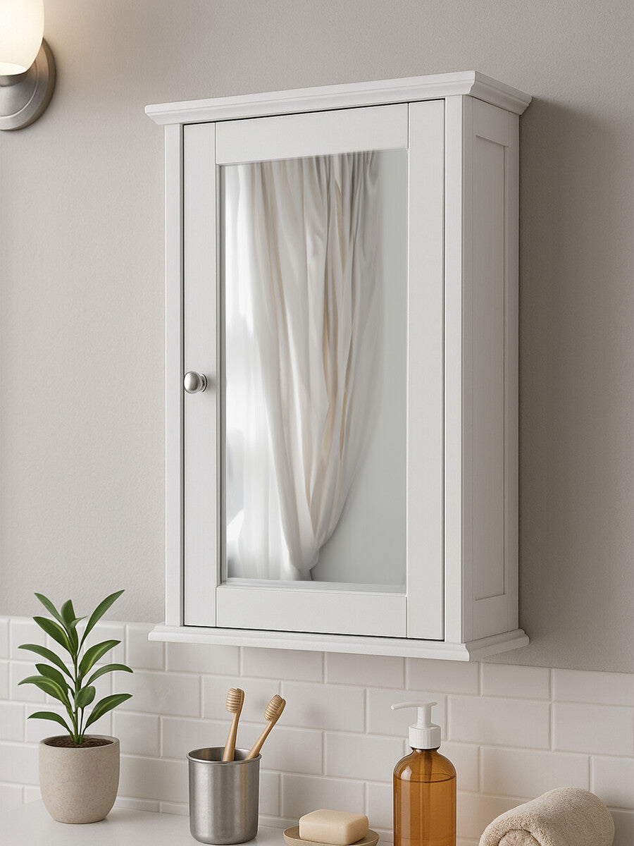 A white mirrored cabinet mounted on a wall, featuring a single door with a mirror front. Inside, there are shelves visible, and the cabinet is positioned near a small potted plant and various bathroom accessories on a countertop. Soft natural light illuminates the scene, highlighting the cabinet's sleek design