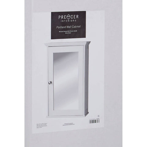 A sleek white cabinet featuring a mirrored front door, with a simple rectangular design and a small round handle. The cabinet is mounted on a light-colored wall, showcasing its modern aesthetic