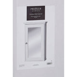 A sleek white cabinet featuring a mirrored front door, with a simple rectangular design and a small round handle. The cabinet is mounted on a light-colored wall, showcasing its modern aesthetic
