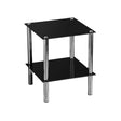Two-tier end table featuring a sleek black glass top and bottom shelf, supported by shiny silver metal legs. The design is modern and minimalistic, suitable for various home decor styles