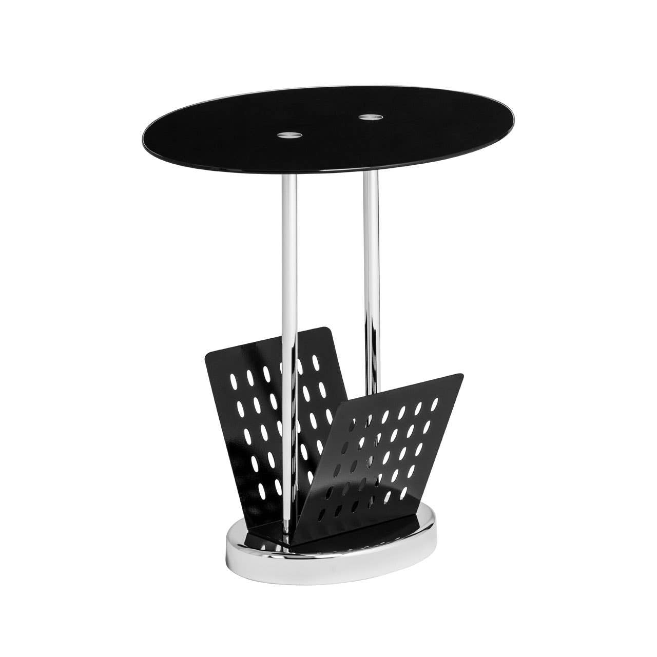 Black glass side table with an oval top and a sleek chrome base. The table features a built-in magazine rack with a modern design, showcasing a geometric pattern. The overall look is contemporary and stylish, suitable for various home decor styles