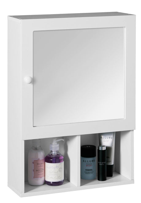 White wood cabinet with a mirrored front door and two open shelves at the bottom, displaying various bottles and containers. The cabinet features a sleek, modern design suitable for home decor