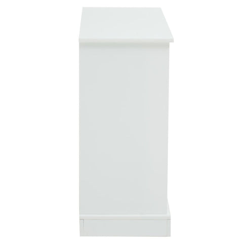 Tall, white storage unit with a smooth surface and clean lines, featuring a simple design and a flat top. The unit has a rectangular shape and a slightly raised base, suitable for various home decor styles