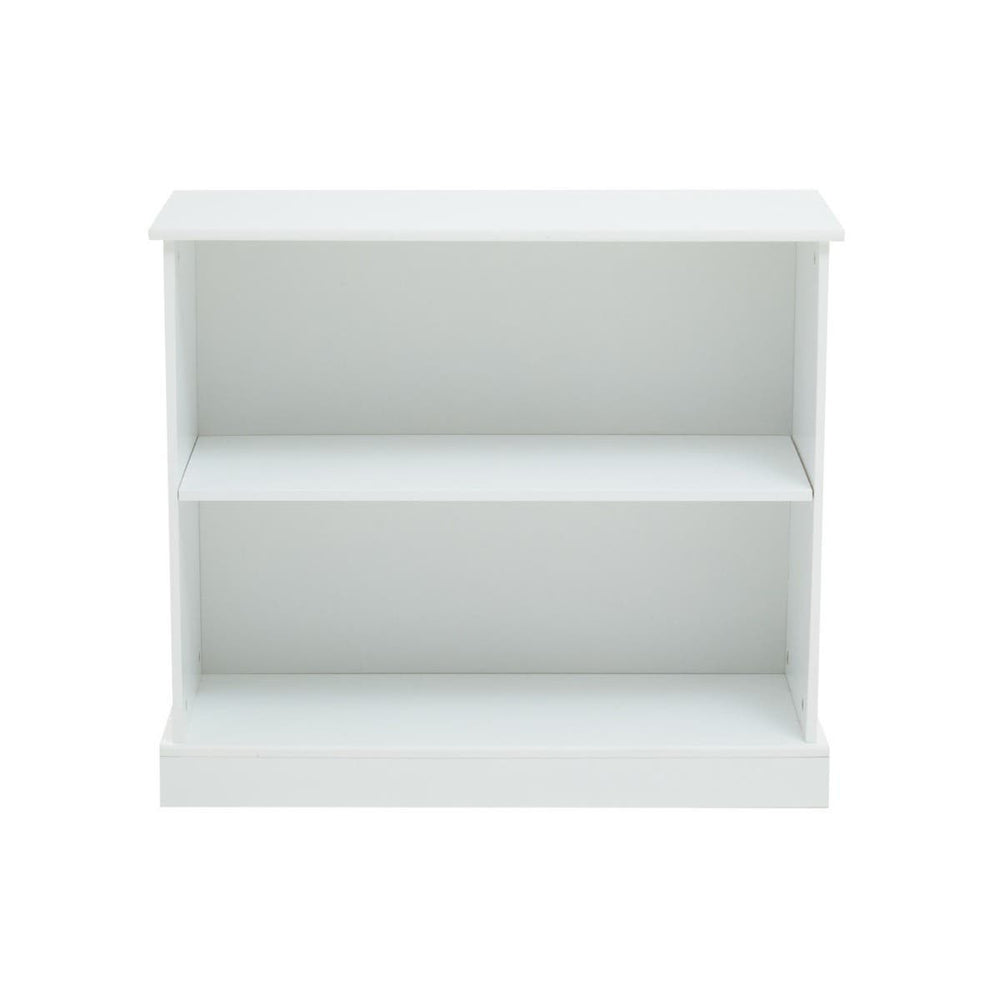 White storage unit featuring two open shelves, designed for home organization. The unit has a simple, modern aesthetic with clean lines and a sturdy base