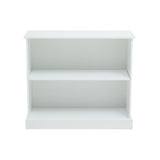 White storage unit featuring two open shelves, designed for home organization. The unit has a simple, modern aesthetic with clean lines and a sturdy base