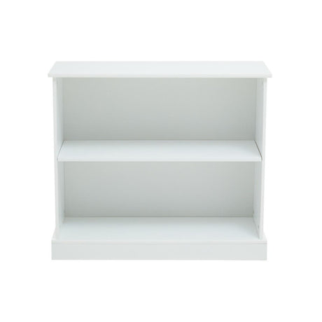 White storage unit featuring two open shelves, designed for home organization. The unit has a simple, modern aesthetic with clean lines and a sturdy base