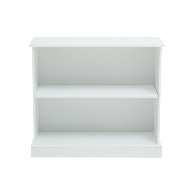 White storage unit featuring two open shelves, designed for home organization. The unit has a simple, modern aesthetic with clean lines and a sturdy base