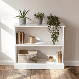 A white wooden storage unit with two open shelves, featuring potted plants on the top shelf and a stack of books alongside a woven basket on the bottom shelf. The unit is positioned against a light-colored wall, with natural light illuminating the scene and highlighting the wooden floor