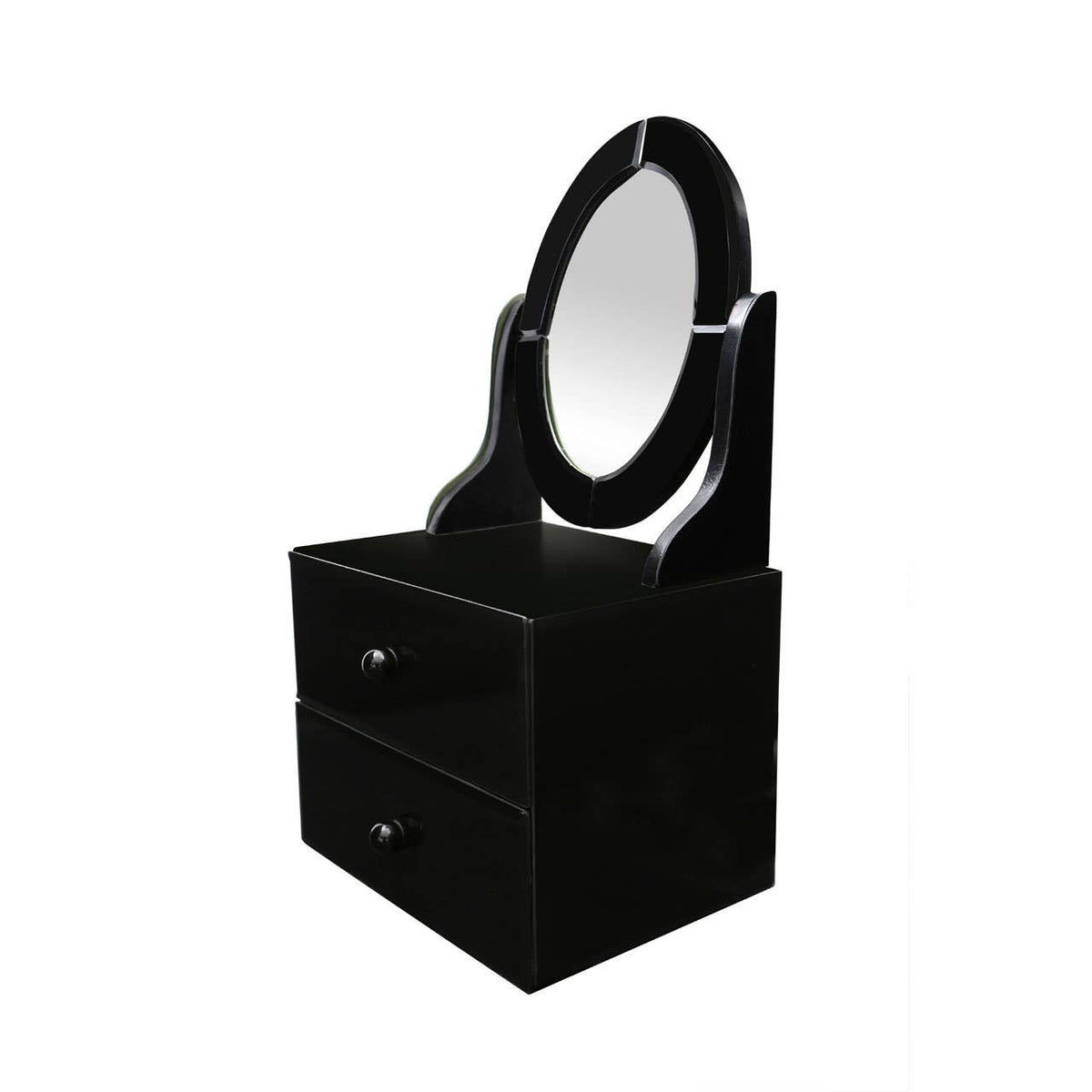 Black vanity table featuring an oval glass mirror and two storage drawers underneath. The design is sleek and modern, with a glossy finish that enhances its elegant appearance