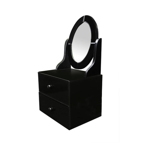 Black vanity table featuring an oval glass mirror and two storage drawers underneath. The design is sleek and modern, with a glossy finish that enhances its elegant appearance