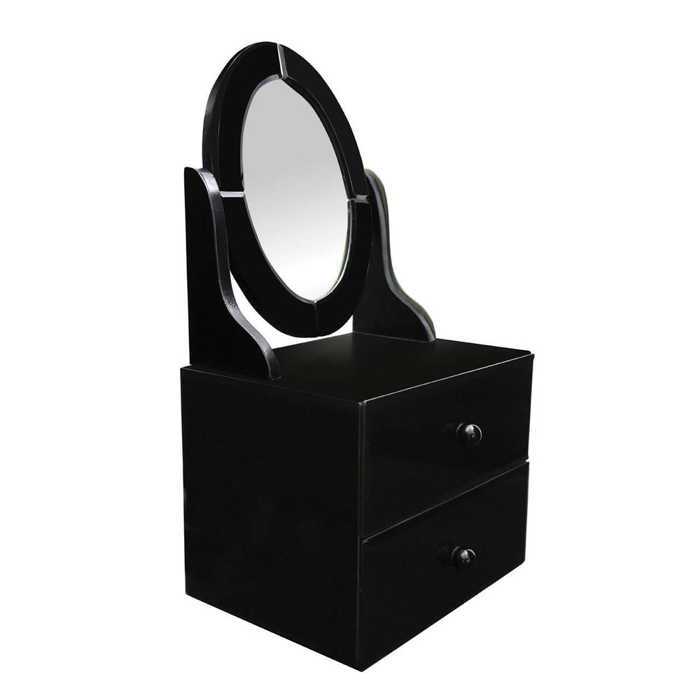 Black vanity mirror with a circular glass surface, featuring a sleek, modern design. The mirror is mounted on a sturdy base that includes two spacious drawers for storage. The overall finish is glossy, enhancing the contemporary aesthetic of the piece