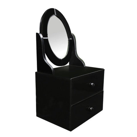 Black vanity mirror with a circular glass surface, featuring a sleek, modern design. The mirror is mounted on a sturdy base that includes two spacious drawers for storage. The overall finish is glossy, enhancing the contemporary aesthetic of the piece