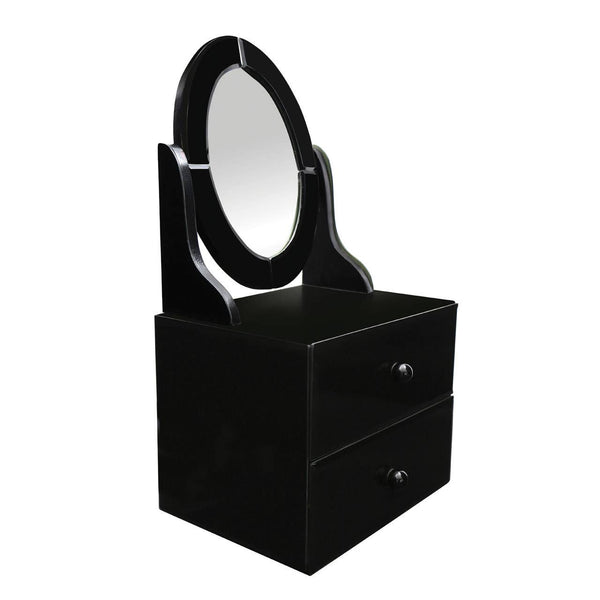 Black vanity mirror with a circular glass surface, featuring a sleek, modern design. The mirror is mounted on a sturdy base that includes two spacious drawers for storage. The overall finish is glossy, enhancing the contemporary aesthetic of the piece