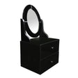 Black vanity mirror with a circular glass surface, featuring a sleek, modern design. The mirror is mounted on a sturdy base that includes two spacious drawers for storage. The overall finish is glossy, enhancing the contemporary aesthetic of the piece