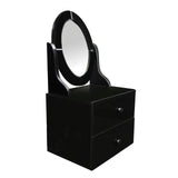 Black vanity mirror with a circular glass surface, featuring a sleek, modern design. The mirror is mounted on a sturdy base that includes two spacious drawers for storage. The overall finish is glossy, enhancing the contemporary aesthetic of the piece