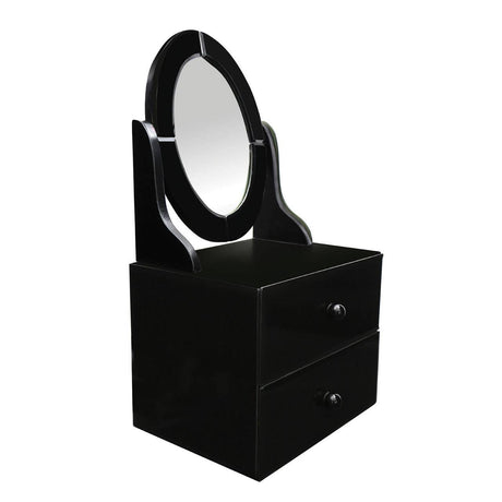 Black vanity mirror with a circular glass surface, featuring a sleek, modern design. The mirror is mounted on a sturdy base that includes two spacious drawers for storage. The overall finish is glossy, enhancing the contemporary aesthetic of the piece