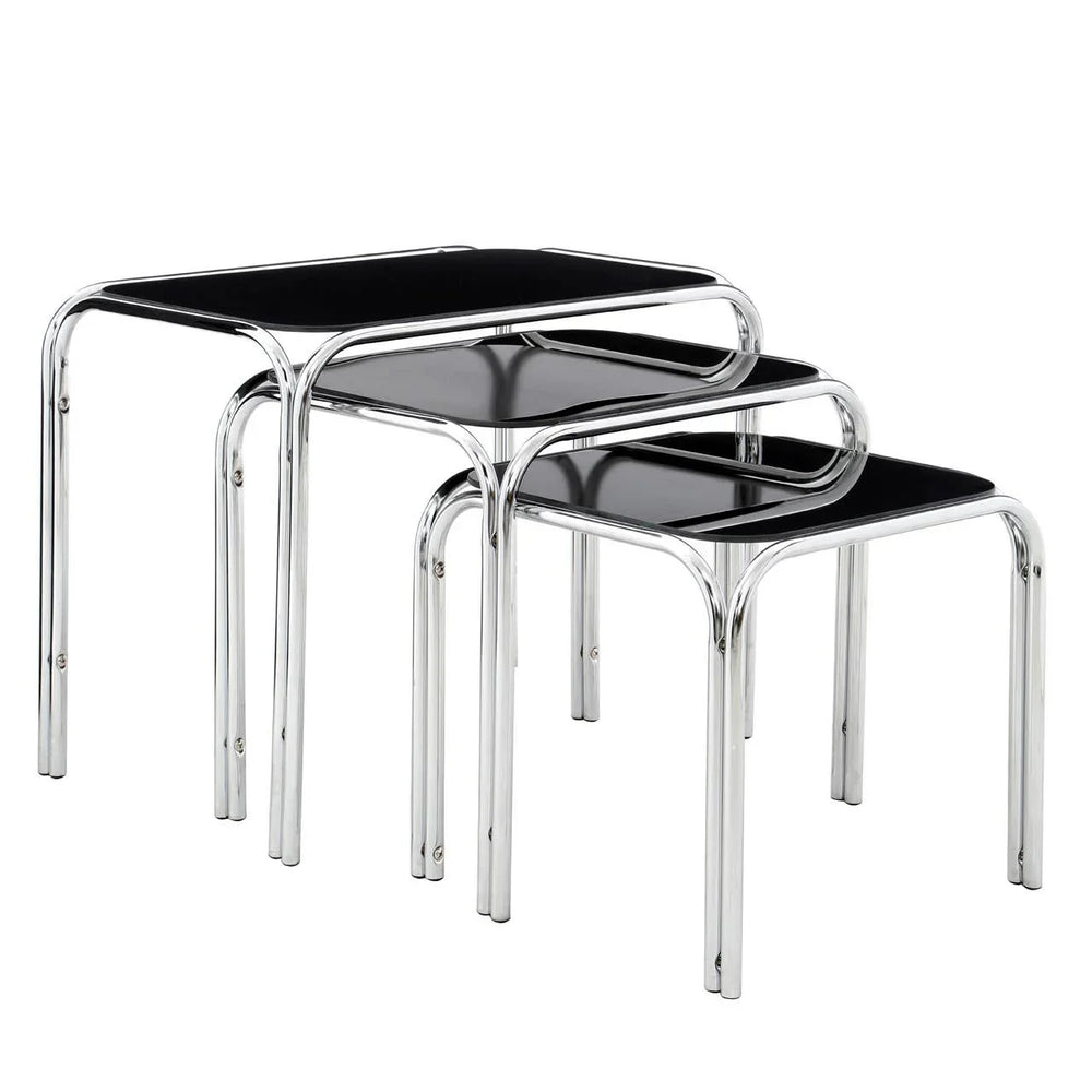Set of three nesting tables with black tops and chrome metal frames