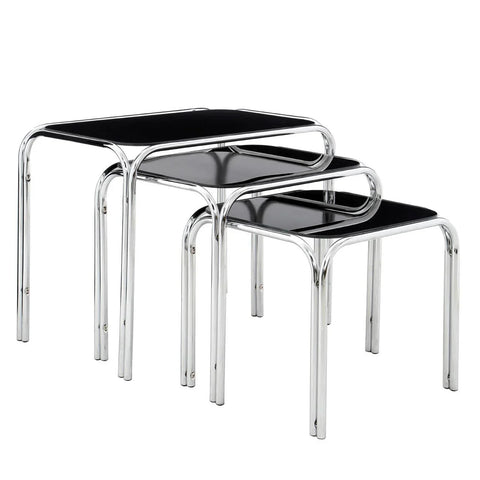 Set of three nesting tables with black tops and chrome metal frames