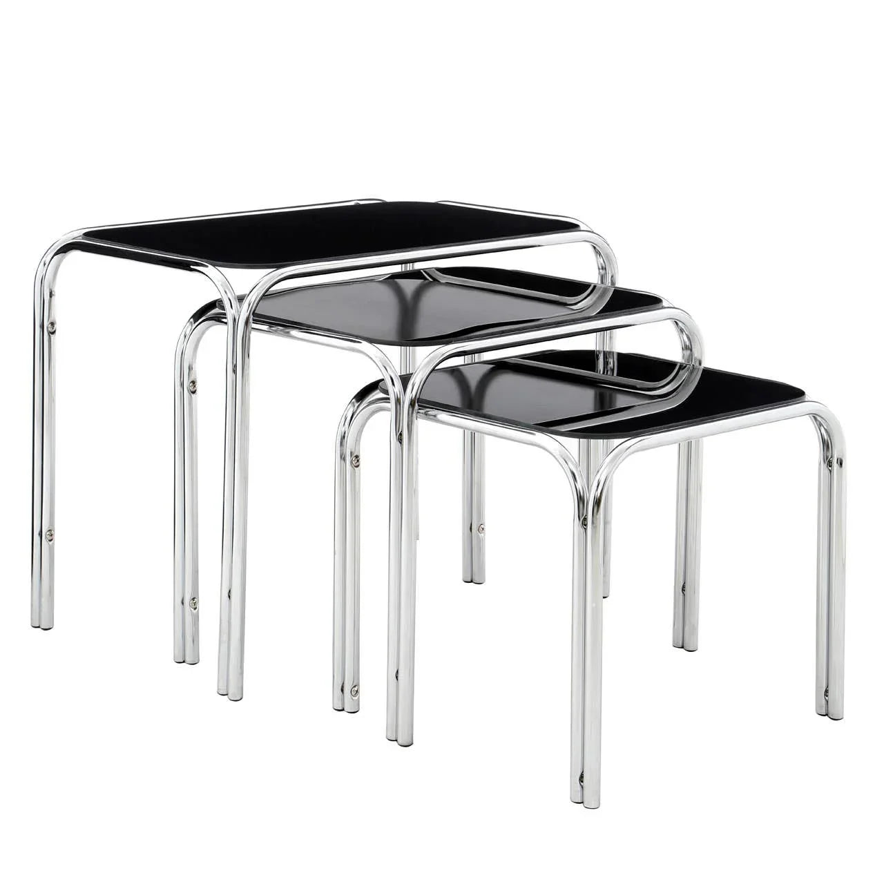 Set of three nesting tables with black tops and chrome metal frames