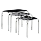 Set of three nesting tables with black tops and chrome metal frames