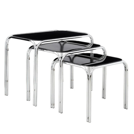Set of three nesting tables with black tops and chrome metal frames
