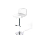 White leather bar stool with chrome base and footrest on a white background