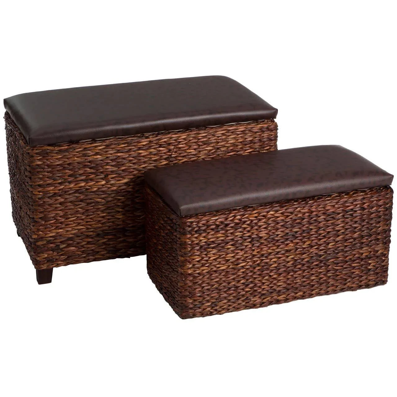 Brown rattan storage ottoman set with leather-look cushioned lids