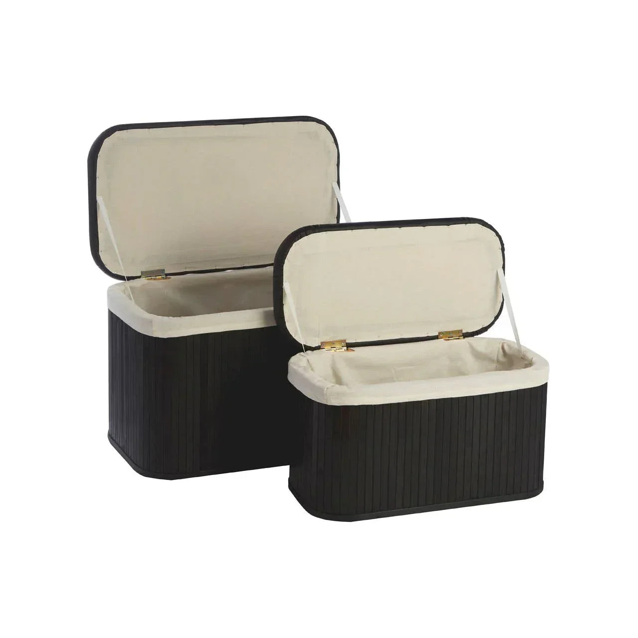 Set of two black bamboo storage baskets with hinged lids and cream fabric lining