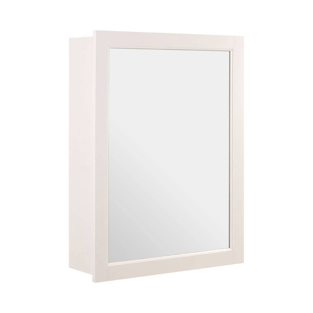 Mirrored wall cabinet with a sleek white frame, featuring a rectangular mirror front and two inner shelves for storage. The cabinet has a minimalist design suitable for various home decor styles