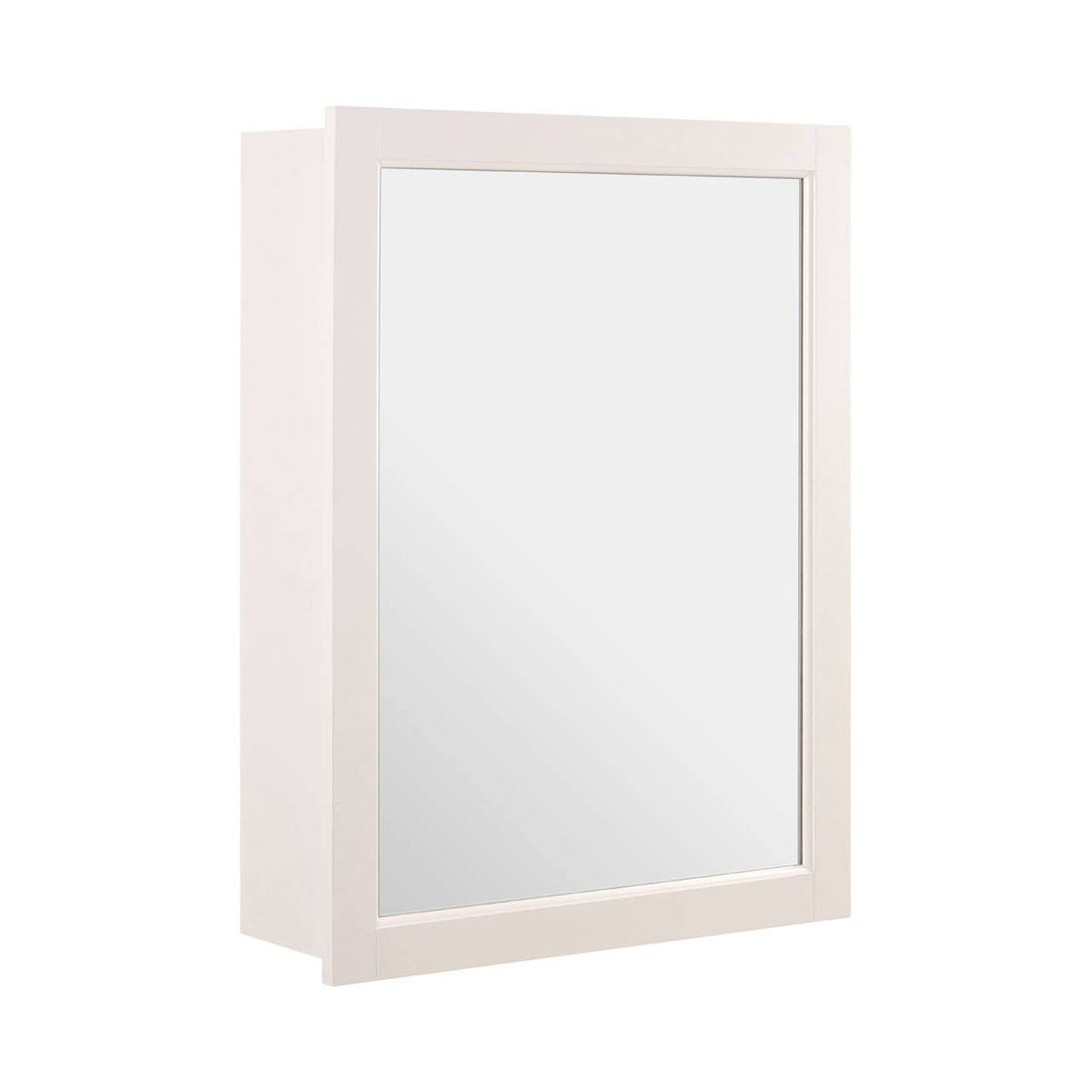 Mirrored wall cabinet with a sleek white frame, featuring a rectangular mirror front and two inner shelves for storage. The cabinet has a minimalist design suitable for various home decor styles