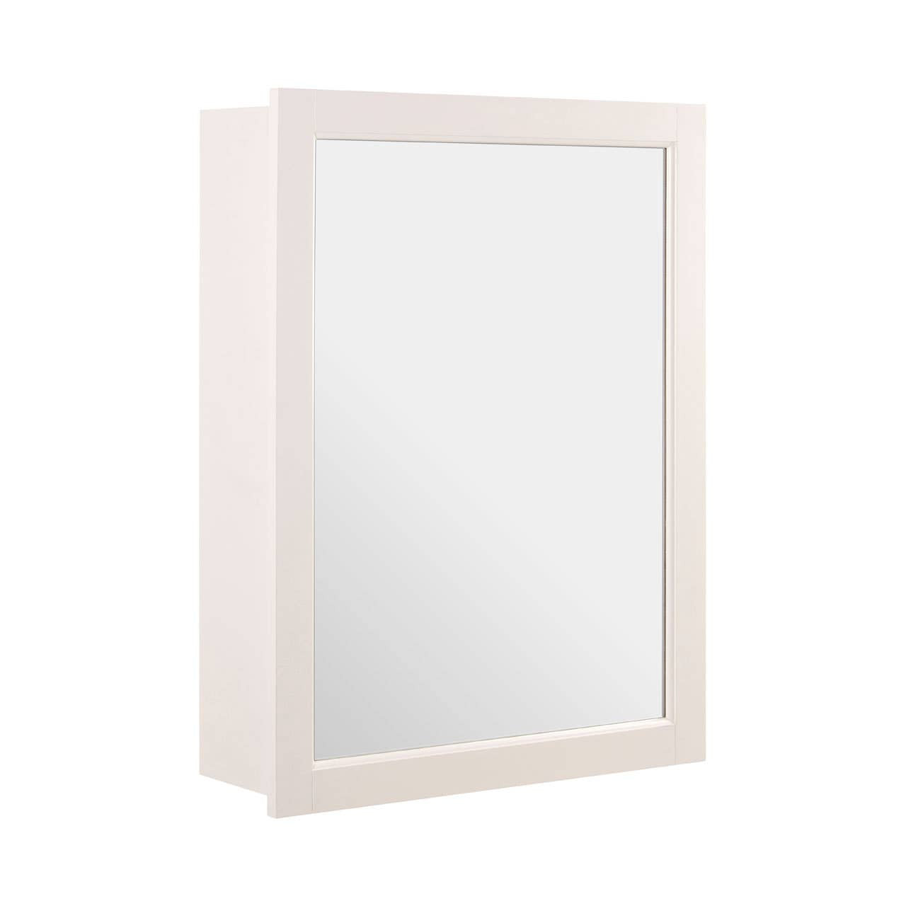 Mirrored wall cabinet with a sleek white frame, featuring a rectangular mirror front and two inner shelves for storage. The cabinet has a minimalist design suitable for various home decor styles