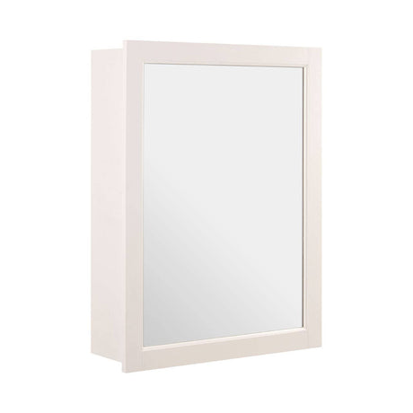 Mirrored wall cabinet with a sleek white frame, featuring a rectangular mirror front and two inner shelves for storage. The cabinet has a minimalist design suitable for various home decor styles