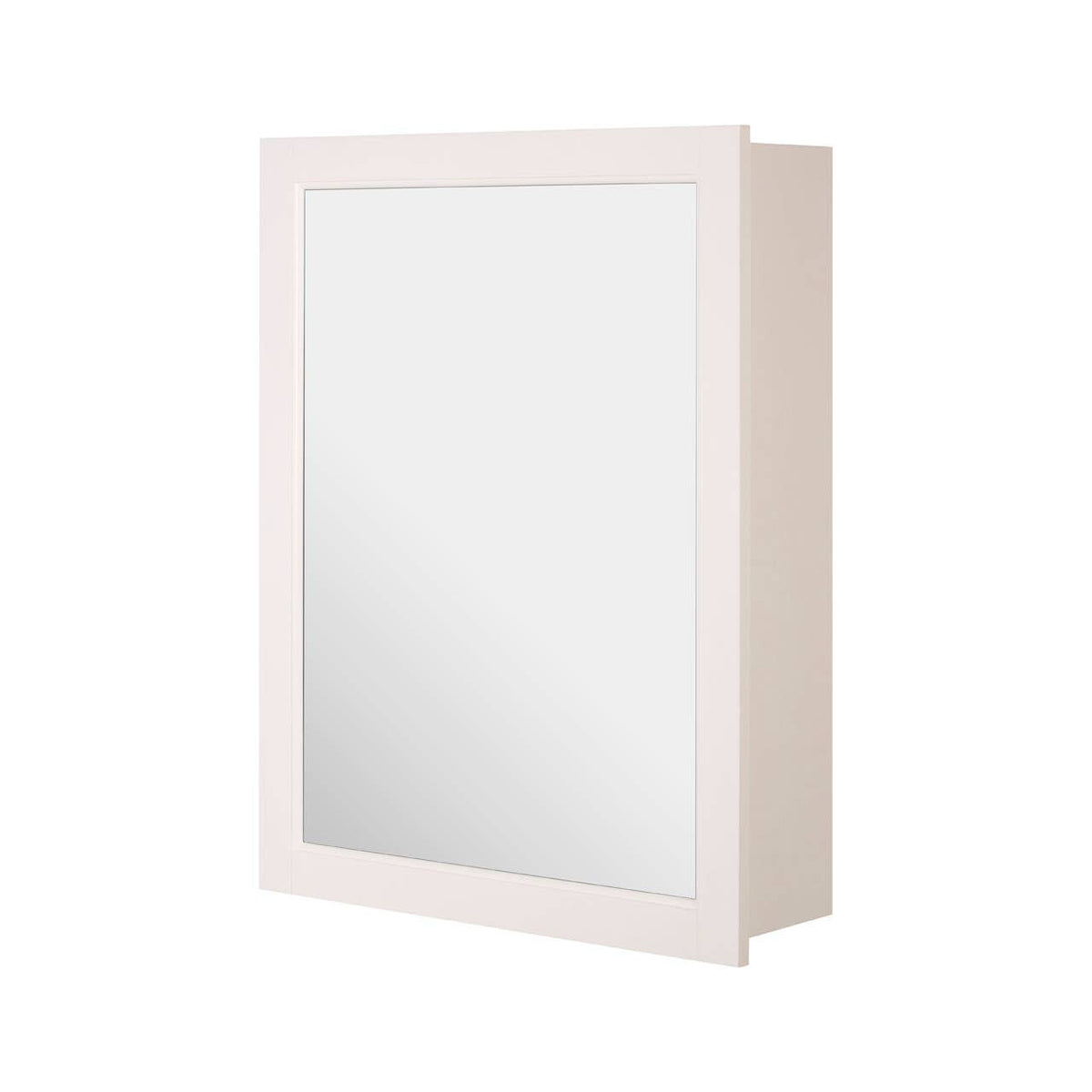 A rectangular wall cabinet featuring a smooth, reflective mirror front and a minimalist design. The cabinet has a light-colored frame and includes two inner shelves for storage