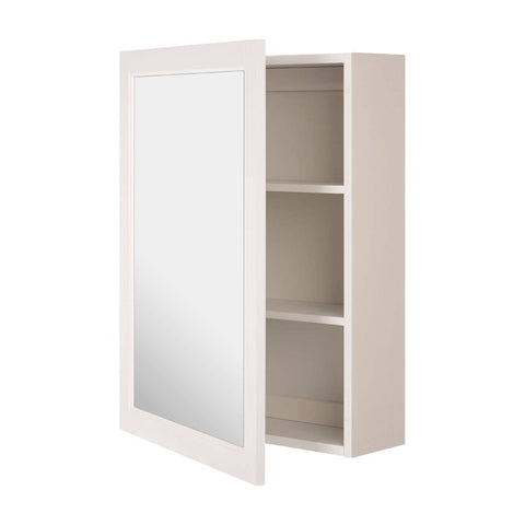Mirrored wall cabinet with a sleek design, featuring a large reflective surface on the front and two inner shelves for storage. The cabinet is mounted on a wall and has a light-colored frame, providing a modern and functional addition to home decor