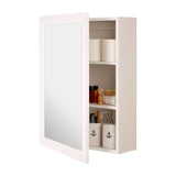 A white wall cabinet featuring a large mirrored front and two inner shelves, displaying various storage items such as bottles and boxes. The cabinet is designed for easy wall mounting and offers a sleek, modern aesthetic