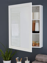 A white mirrored wall cabinet with a louvered door, partially open to reveal two inner shelves. The shelves contain various decorative items, including a stack of books and small containers. A green plant is positioned below the cabinet against a dark wall