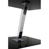 A sleek end table featuring a black tempered glass top and a modern chrome frame. The table has a unique angular chrome support that connects the top to a sturdy base, showcasing a contemporary design suitable for various home decor styles