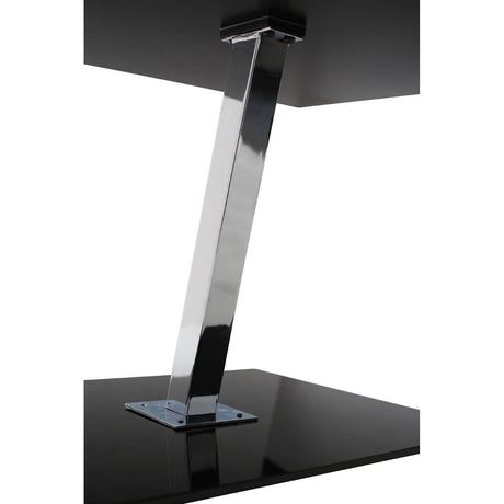A sleek end table featuring a black tempered glass top and a modern chrome frame. The table has a unique angular chrome support that connects the top to a sturdy base, showcasing a contemporary design suitable for various home decor styles
