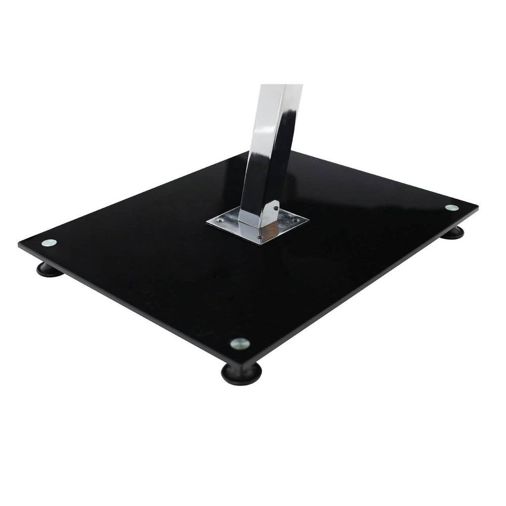 A sleek black tempered glass end table with a chrome frame, featuring a square top and rounded corners. The table has a central support with a chrome base and four small rubber feet for stability. The overall design is modern and minimalist, suitable for various home decor styles