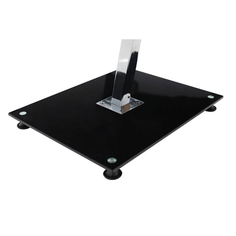 A sleek black tempered glass end table with a chrome frame, featuring a square top and rounded corners. The table has a central support with a chrome base and four small rubber feet for stability. The overall design is modern and minimalist, suitable for various home decor styles