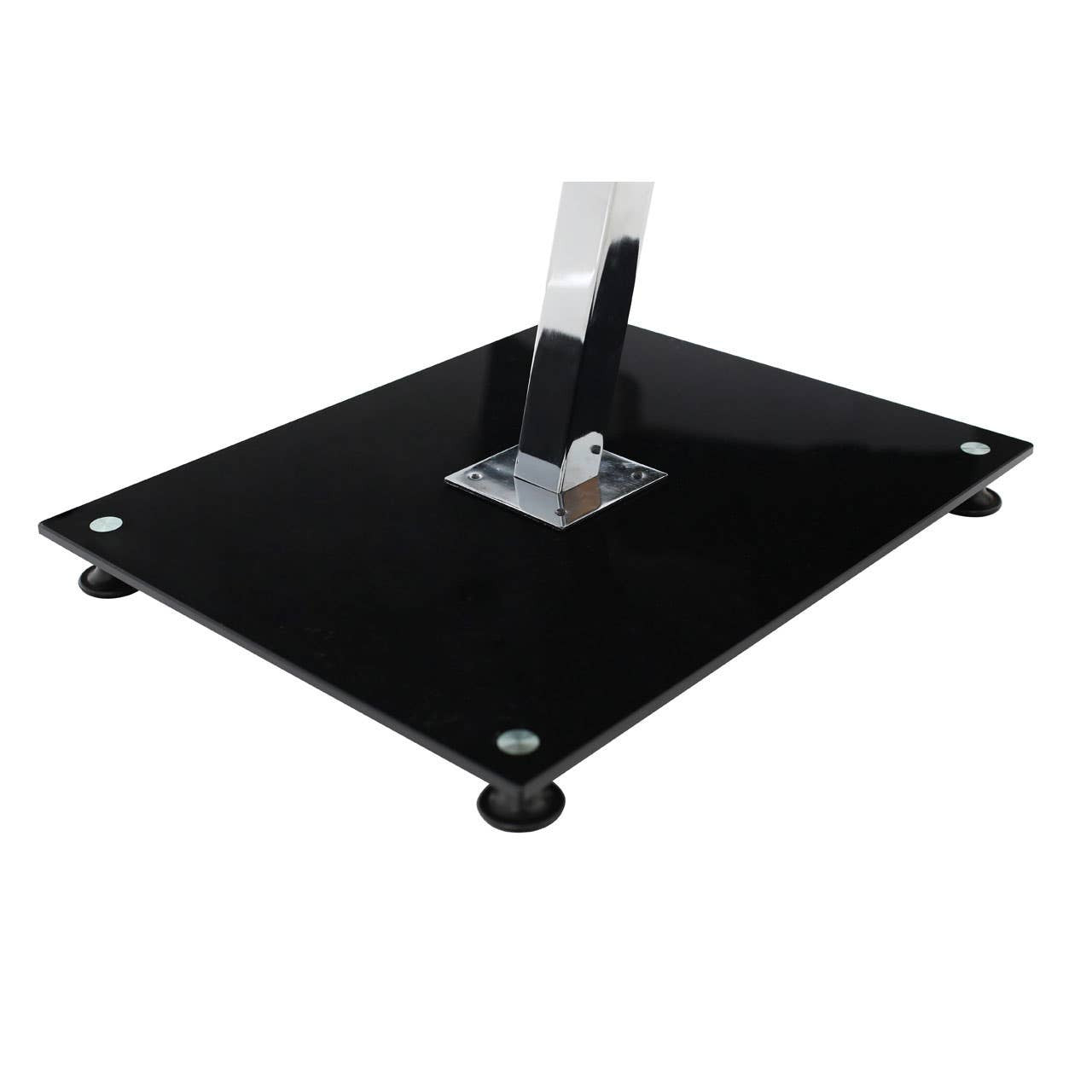 A sleek black tempered glass end table with a chrome frame, featuring a square top and rounded corners. The table has a central support with a chrome base and four small rubber feet for stability. The overall design is modern and minimalist, suitable for various home decor styles