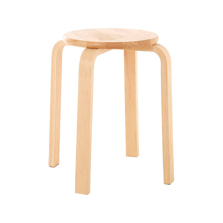 Round stool made from tropical Hevea wood with a natural finish, featuring four curved legs and a smooth, circular seat. The design is minimalist and stackable for easy storage