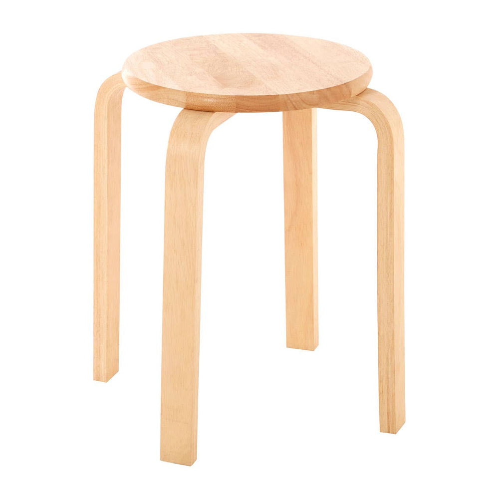 Round stool made from tropical Hevea wood, featuring a smooth, light-colored wooden seat and four curved legs. The design is minimalist and stackable, showcasing a natural wood finish