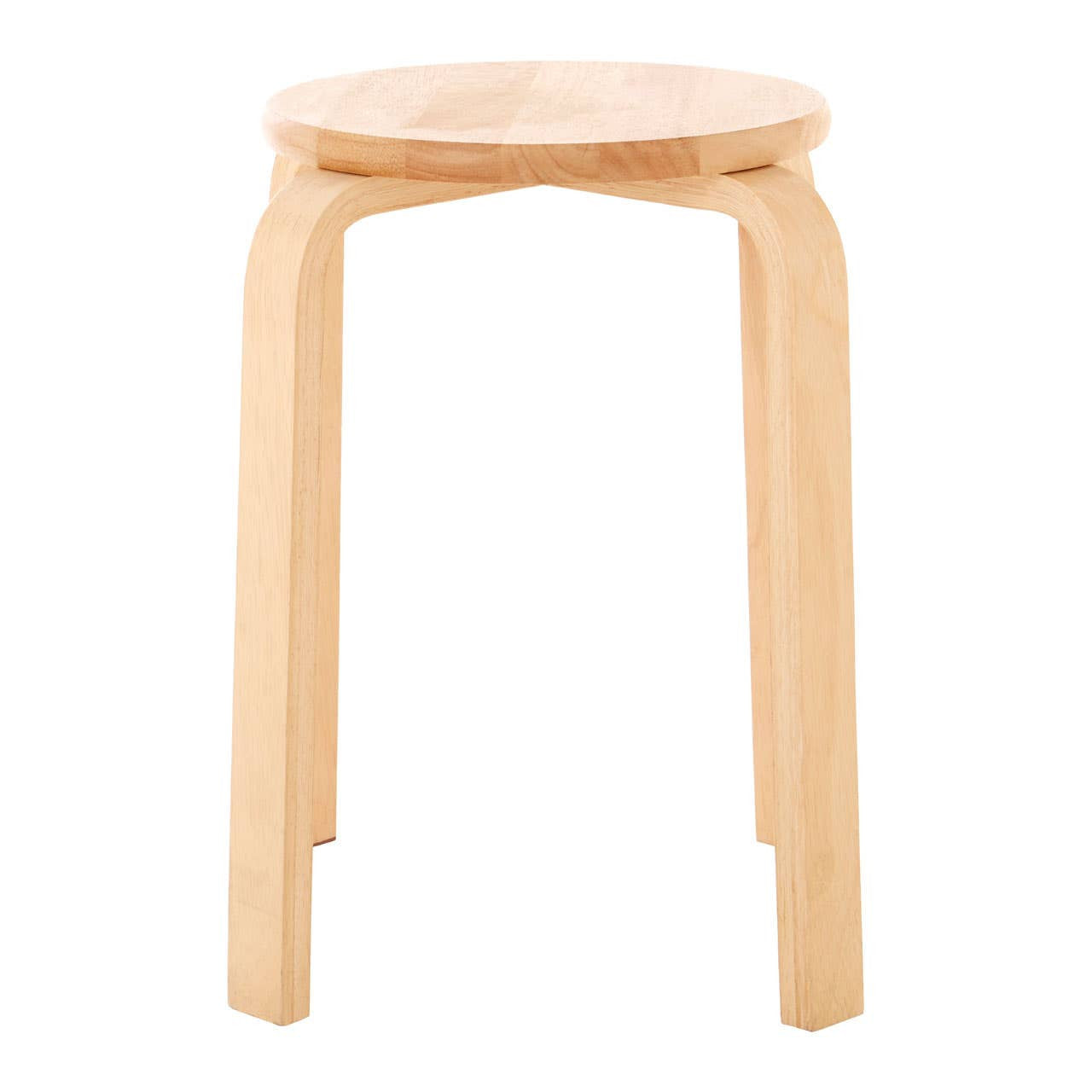 Round stool made from tropical Hevea wood with a natural finish, featuring four sturdy legs and a smooth, circular seat. The design is simple and minimalist, allowing for easy stacking and storage
