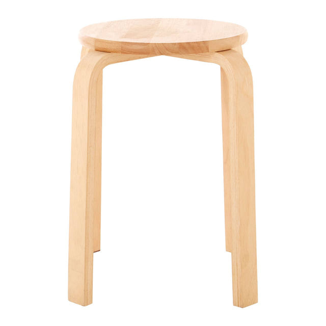 Round stool made from tropical Hevea wood with a natural finish, featuring four sturdy legs and a smooth, circular seat. The design is simple and minimalist, allowing for easy stacking and storage