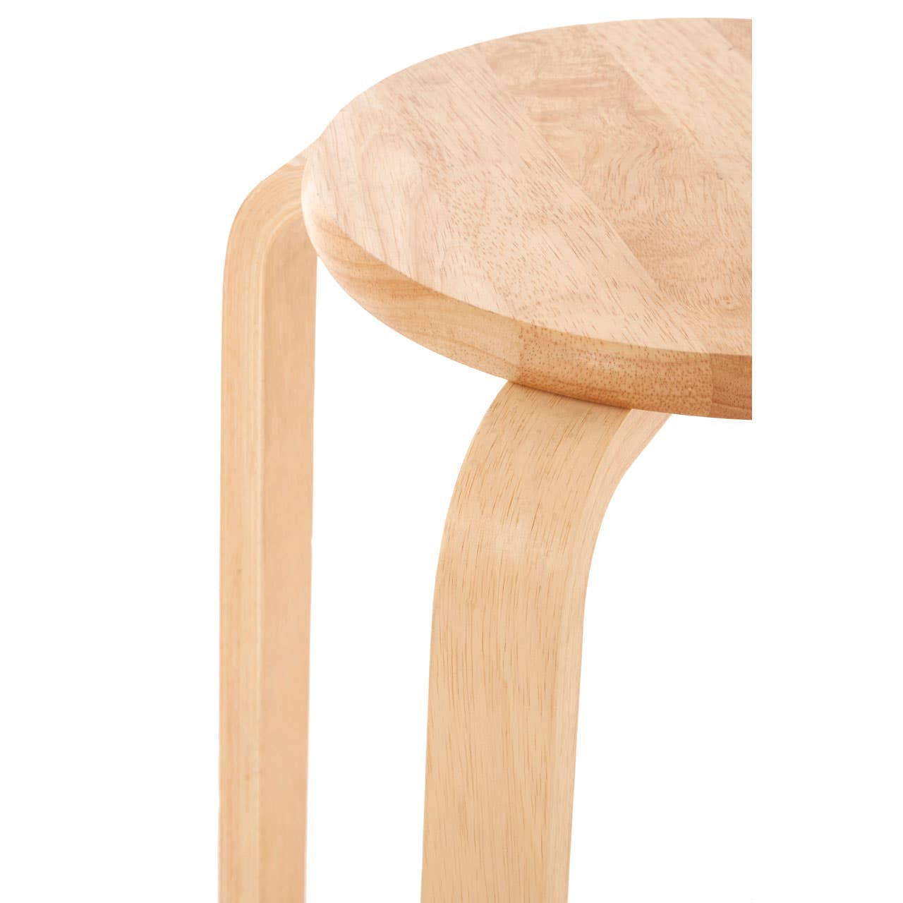 Round stool made from light-colored Hevea wood, featuring a smooth, circular seat and curved legs that taper downwards. The design emphasizes simplicity and functionality, with a natural wood finish that highlights the grain
