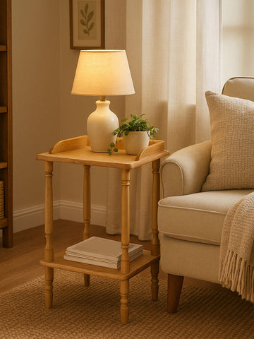 A tropical hevea wood side table with a natural finish, featuring a small lamp on top, a potted plant, and a folded towel on the lower shelf. The table is positioned next to a light-colored sofa in a cozy living room setting with warm lighting
